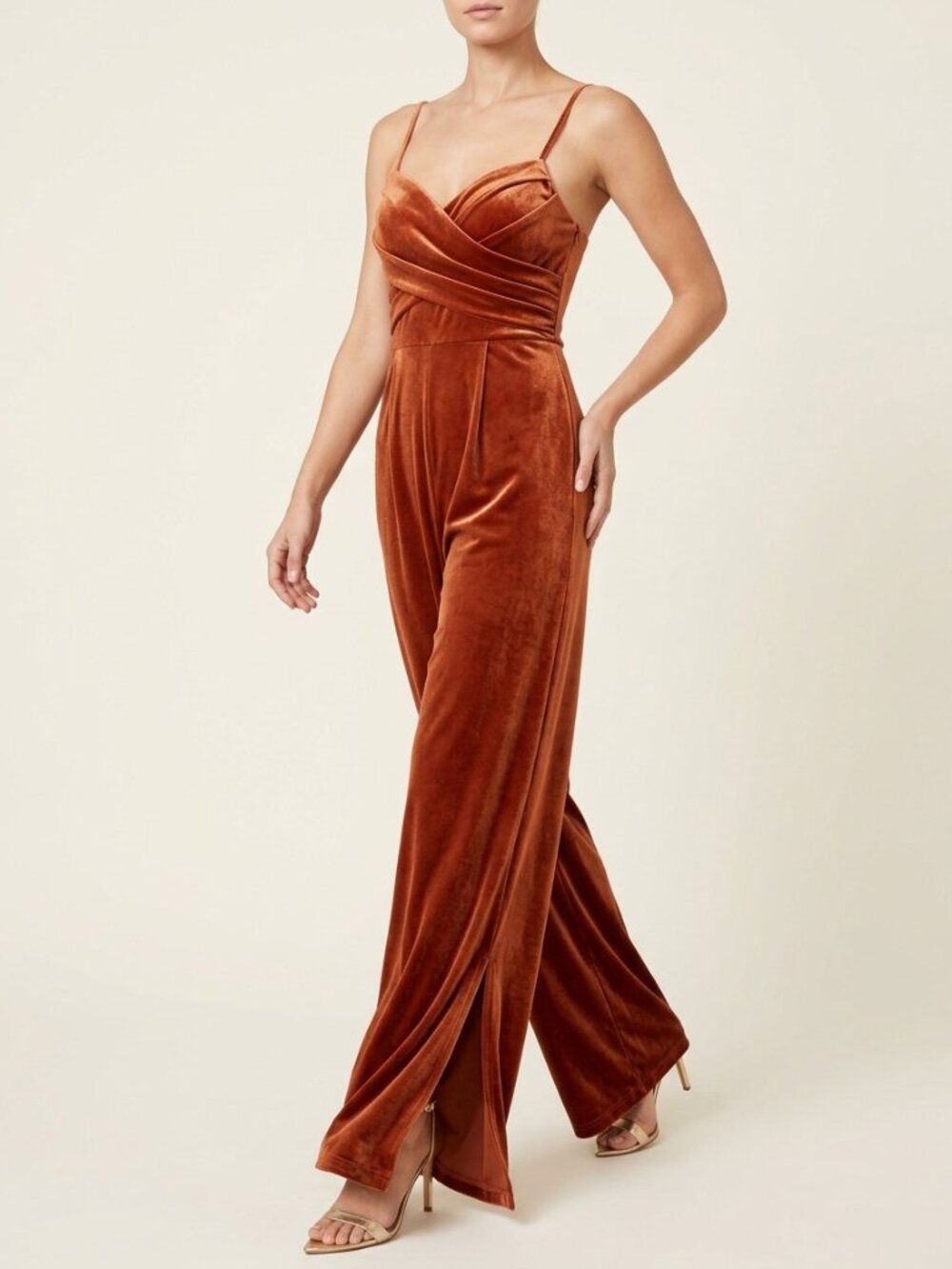 Cider Rust Velvet Wide Leg Jumpsuit Size L Sweetheart Pockets Side Slits Zip Bac